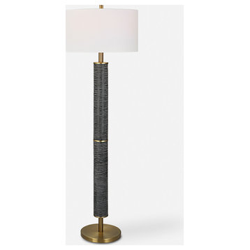 Elegant Modern Gray Black Antique Brass Floor Lamp 63 in Organic Stripes Carved