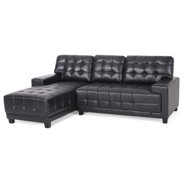 Littell Faux Leather Tufted 3 Seater Sofa, Chaise Sectional Set, Midnight/Brown