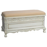 International Caravan - Windsor Antique White Carved Wood Bench, Antique White - Carved Wood Trunk/ BenchWhat a great bench for any room. Has a padded seat with polyester and cotton fabric covering foam to give that extra comfort for sitting. Has storage under the seat to put those keep sakes. Made from a hardwood with a antique white finish.