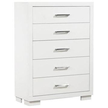 Contemporary Dresser, Tall Design With 5 Drawers & Bar Chrome Metal Pulls, White