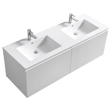 Balli 60'' Double Sink Wall Mount Modern Bathroom Vanity, High Gloss White