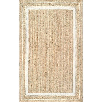Farmhouse Area Rug, Natural Pure Jute With White Boundary Accents, 2' X 16'