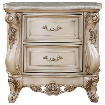 Benzara BM207490 2 Drawer Nightstand With Raised Scrolled Floral Moulding, White