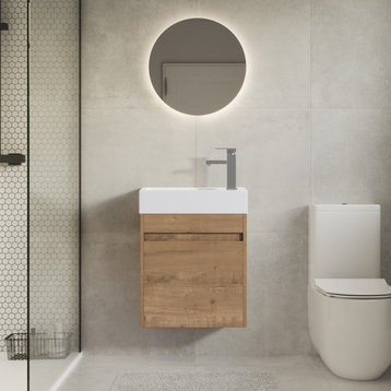 18" Float Mounting Bathroom Vanity With Ceramic Sink, Soft Close Door, Oak