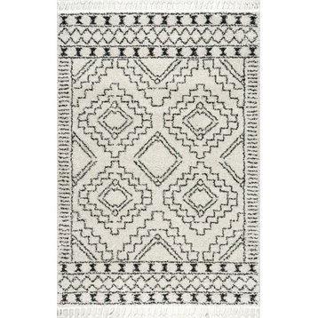 Modern Area Rug, Moroccan Pattern Polypropylene & Tassels, Off White/12' X 15'