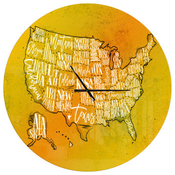 United States Yellow Vintage Map Oversized Contemporary Clock, 36x36