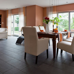 Panel Track Blinds | Contemporary & Open Concept | Orange |Bright Dining Room - Vertical Blinds