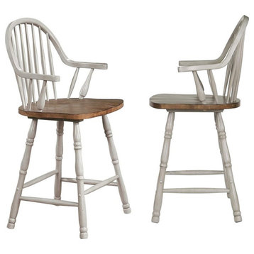 Sunset Trading Country Grove 24" Windsor Wood Barstools/Arms in Gray (Set of 2)