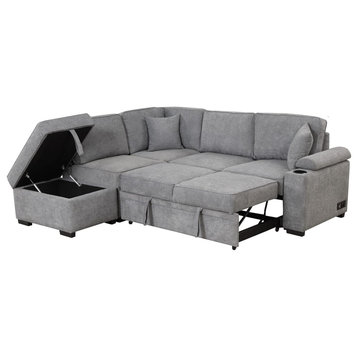 Sectional Sleeper Sofa, Linen Fabric Seat With Pull Out Bed & Cupholder, Gray