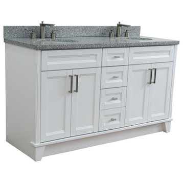 61" Double Sink Vanity, White Finish And Gray Granite And Oval Sink