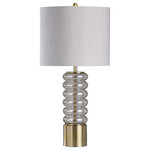 StyleCraft - StyleCraft Round Clear Glass Table Lamp With Polished Steel Base L330276DS - A decorative fixture ready to enhance contemporary d cor in a living room or family room, the Margo table lamp has a white drum shade atop a clear glass frame supported by a polished steel base. The finial and other accents have a matching satin brass finish that brings rust-colored hues to the polished steel. The clean lines of the base and shade highlight the intriguing shape of the glass frame.