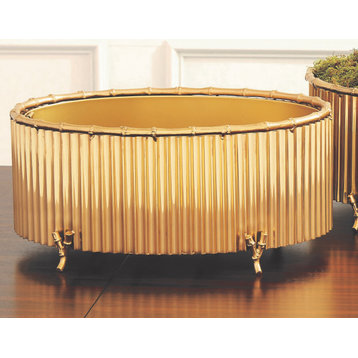 Ribbed Brass Gold Metal Footed Oval Cachepot 15" Centerpiece Bowl Vase Bamboo
