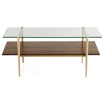 Modern Coffee Table, Golden Frame With Double Layer Glass Top, Clear/Rectangular