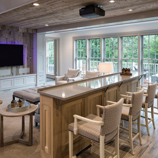 Coastal open concept light wood floor and beige floor home theater photo in Minneapolis with beige walls and a projector screen