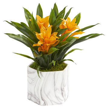 Bromeliad Artificial Plant in Marble Finished Vase, Yellow