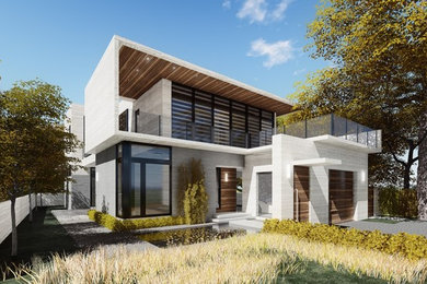 Mid-sized trendy multicolored two-story stone flat roof photo in Miami