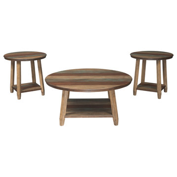 Benzara BM226527 Rustic Plank Style Round Cocktail,2 End Tables, Set of 3, Brown