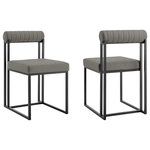 Armen Living - Anastasia Set of 2 Dining Chairs, Matte Black Iron and Light Gray Faux Leather - Make a stylish impact with the clean and modern aesthetic of the Anastasia Dining Chair in Fabric and Metal - Set of 2 by Armen Living. Its crisp and refined frame is combined with plush upholstery to lend a chic and striking edge to any room. A cylindrical cushion is beautifully balanced upon its airy frame to offer comfortable back support. Its cushioned backrest and padded seat showcase a neat channeling detail that provides texture for a chic and inviting look. The chair is upholstered in performance fabric to offer easy care and maintenance. Its slender and clean-lined metallic frame reflects the refined and elevated tone of our chair. The contemporary Anastasia chair can add a dose of comfort and charm to your eat-in kitchen and dining room. With versatile styling potential, it can serve as an occasional chair to offer an easy and chic place to land anywhere from your lounge to your home office. Available as a set of two, the Anastasia Dining Chair comes in brushed stainless steel with Light Gray, Charcoal, Blue, or Taupe fabric or matte black iron with Anchor Gray fabric, Light Gray fabric, or Light Gray faux leather to bring style and comfort to your home.