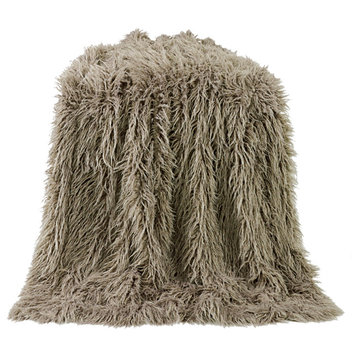Mongolian Faux Fur Throw Blanket, 50"x60", Taupe