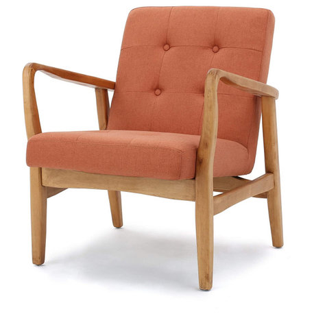 Mid Century Modern Faux Leather Club Chair with Wood Frame, Orange