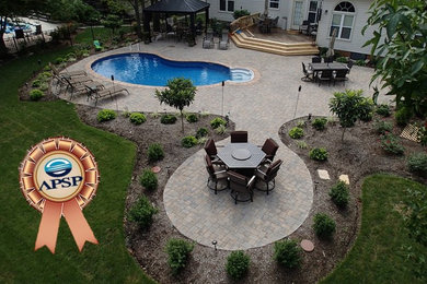 Example of a mid-sized classic backyard stone and kidney-shaped pool design in Other