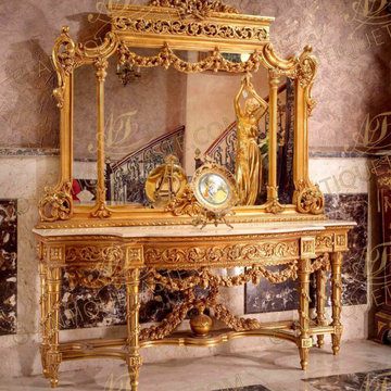 Monumental and Palatial Louis XVI style carved and giltwood grand console with m
