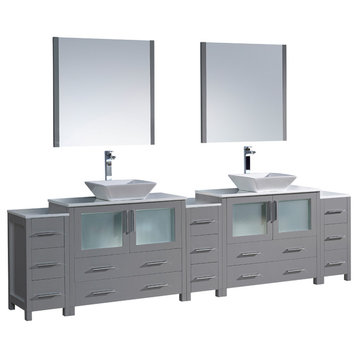 Torino Double Sink Vanity, 3 Side Cabinets and Vessel Sinks, Gray, 108"