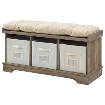 42" Farmhouse Wood Entryway Storage Bench With Cushion and Totes, Gray Wash