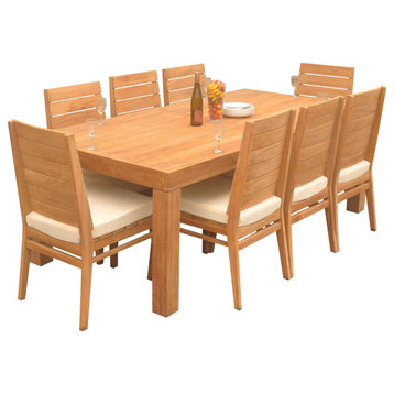 9-Piece Outdoor Teak Dining Set: 86" Rectangle Table, 8 Char Stacking Chairs