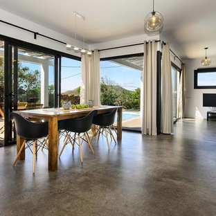 Неиссякаемый источник вдохновения для домашнего уюта: гостиная-столовая в стиле модернизм с белыми стенами, бетонным полом и серым полом без камина