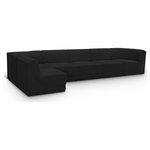Meridian Furniture - Ollie Black Boucle Fabric L-Shaped Modular Sectional, Black, 6-Piece: 4 Armless Chair, 2 Corner Chair - Meet the epitome of style and functionality with this Ollie boucle fabric living room sectional, part of the Ollie modular collection. A contemporary marvel, this sectional features chic and inviting rich black boucle fabric upholstery, giving it a sumptuous texture that oozes elegance and luxury. Curved corners add to the visual look of the sectional while maximizing seating comfort while lounging, reading, or entertaining. Pair it with other items in the Ollie collection easily, thanks to an attachment latch underneath.
