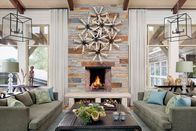 Example of a huge cottage formal and open concept carpeted living room design in Austin with a standard fireplace and a stone fireplace