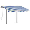 vidaXL Retractable Awning Patio Awning with Hand Crank and Posts Blue and White