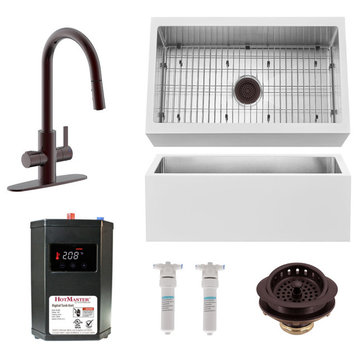 33" Single Bowl Farmhouse Solid Surface Sink and Instant Hot Faucet Kit, Oil Rubbed Bronze