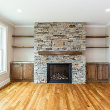 Rustic Ledge Stone Fireplace, Knotty Alder Mantle