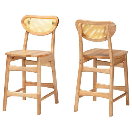 Pemberly Row 24" Wood and Rattan Counter Stool in Oak Brown (Set of 2)