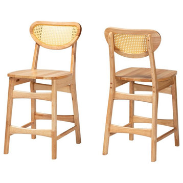 Pemberly Row 24" Wood and Rattan Counter Stool in Oak Brown (Set of 2)