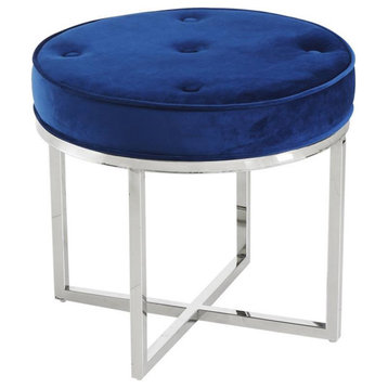 Best Master Furniture Velvet Round Accent Stool in Navy Blue/Silver Base