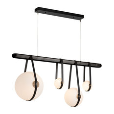 Derby Linear 4-Light LED Pendant, Antique Brass, Black Leather, Black