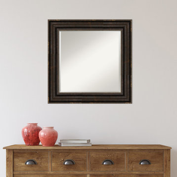 Stately Bronze Framed Beveled Bathroom Vanity Wall Mirror, 26.25x26.25"