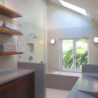 Esempio di una stanza da bagno minimalista con doccia aperta, doccia aperta e top grigio