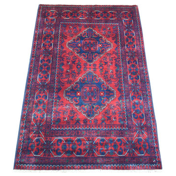 Deep and Saturated Red, Afghan Khamyab Shiny Wool Hand Knotted Rug, 2'9"x4'3"