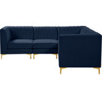 Meridian Furniture - Alina Velvet Modular L-Shaped Modular Sectional, Navy, 5-Piece: 2 Armless Chair, 3 Corner Chair - Bring modern beauty to your space with the addition of this Alina Velvet Modular sectional. This beautiful sectional features deep channel tufting to ramp up its visual interest and add to its resilient demeanor. Its soft navy velvet upholstery blends nicely with existing elements in your room and is sleek to the touch, making this seat a super comfortable one. Part of the modular Alina collection, this sectional has a latch that attaches it to other pieces to create your custom seating arrangement.