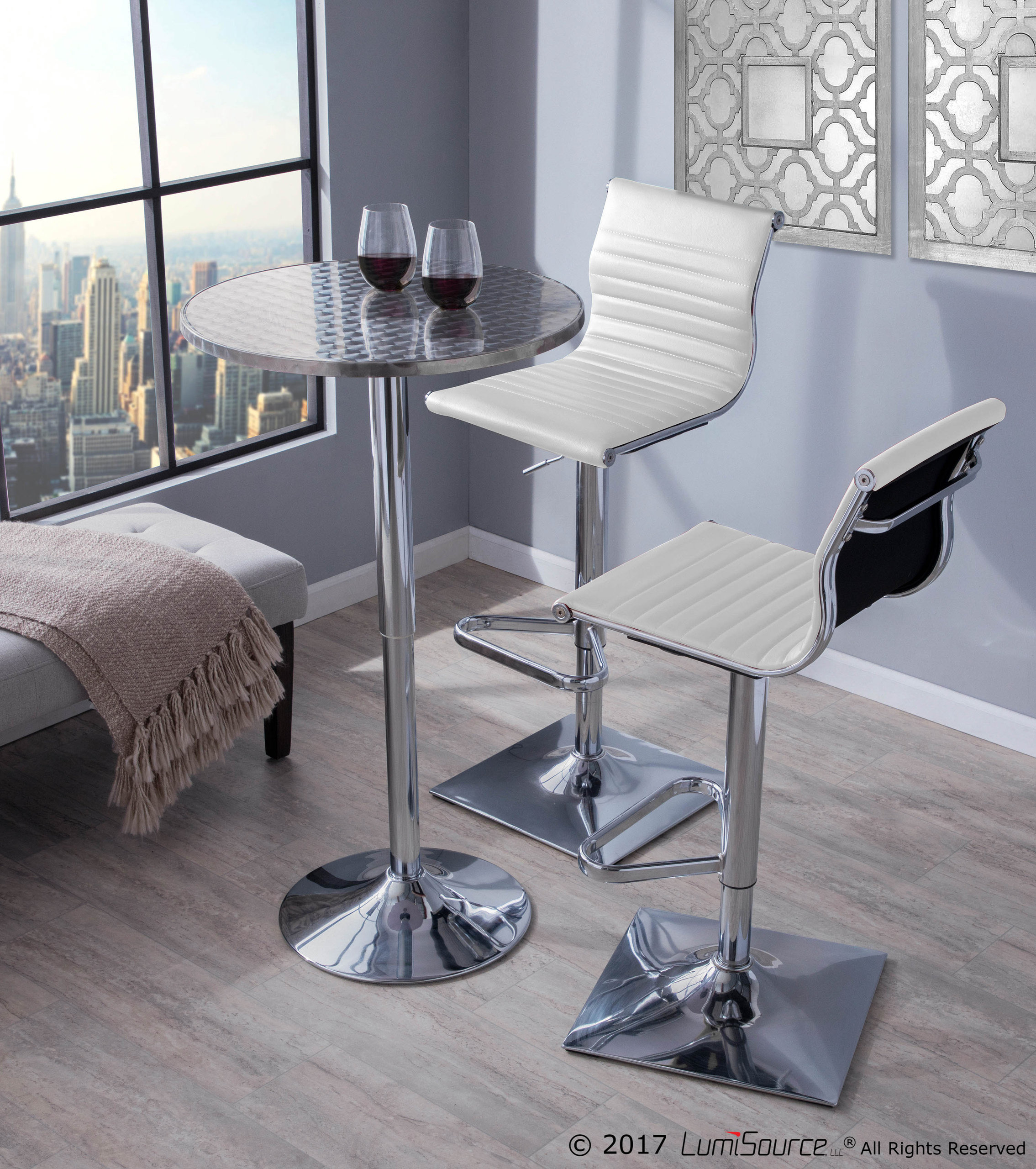 LumiSource Masters Adjustable Barstool With Swivel, White PU Leather