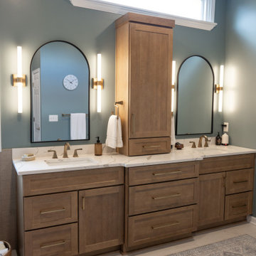 Spa Like Primary Bathroom Remodel with Warm Wood & Brass Details
