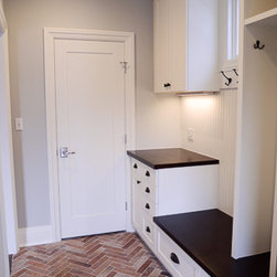 Transitional Mud Room | Herringbone Brick Floors - Storage Cabinets