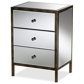 Mirrored Nightstand, 3 Storage Drawers and Antique Brass Trim Accent, Silver
