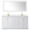 Avery 72" White Double Vanity, Carrara Cultured Marble Top, Gold Trim
