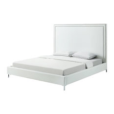 Giovanna Nailhead Trim Platform Bed, White Leather Pu, Queen