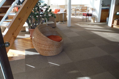 Living room - mid-sized modern loft-style carpeted living room idea in San Francisco with white walls and no fireplace
